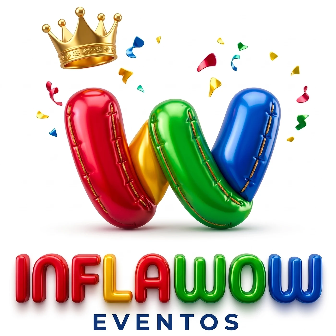 Logotipo de INFLAWOW Eventos: W de globos con corona dorada