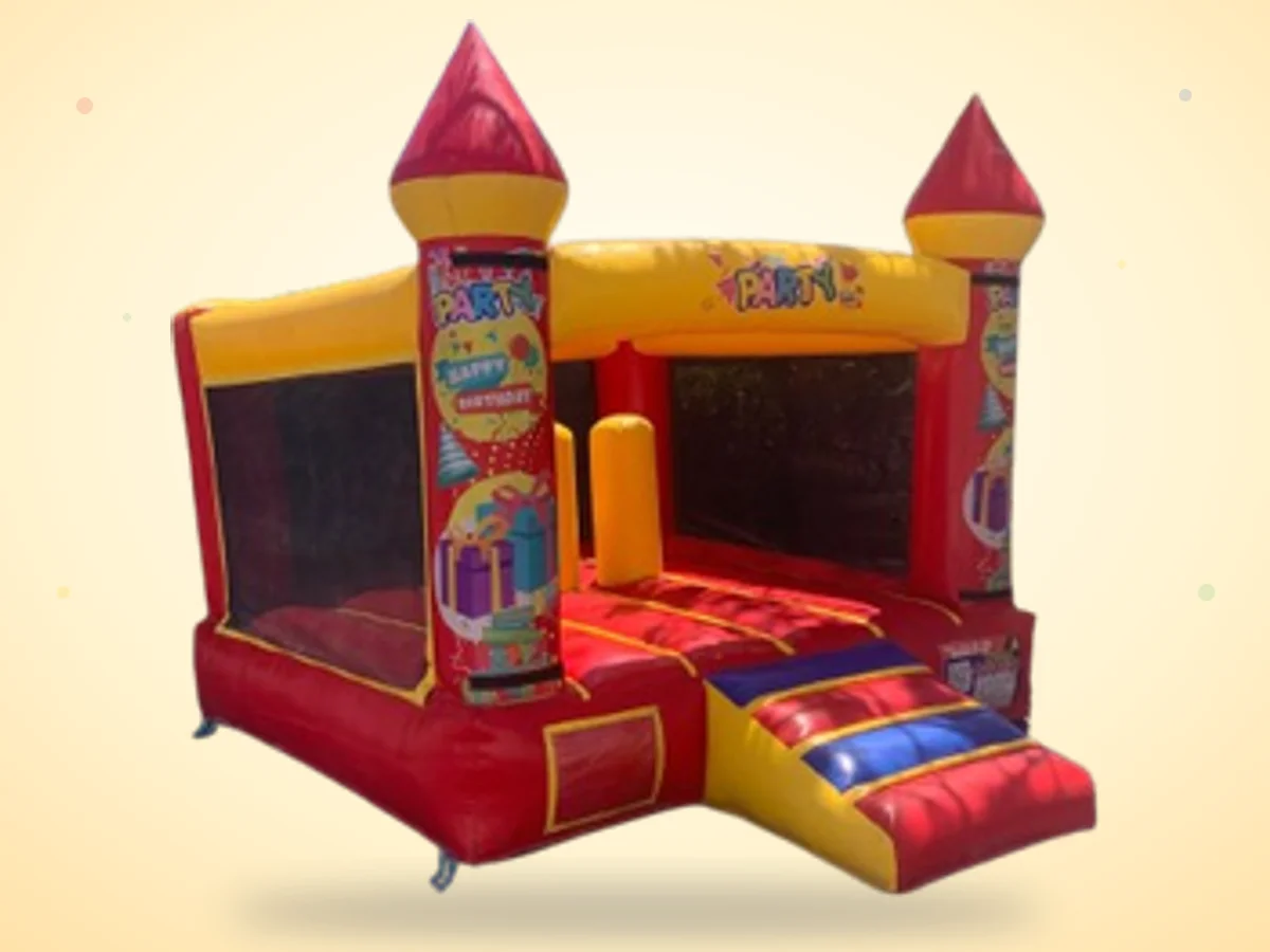 Castillo inflable rojo con torres de colores